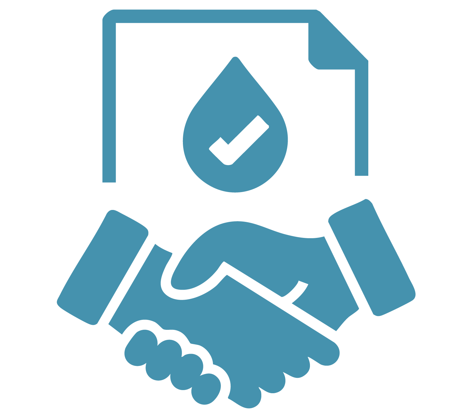 Handshake between two people with a document icon showing a water drop and checkmark above