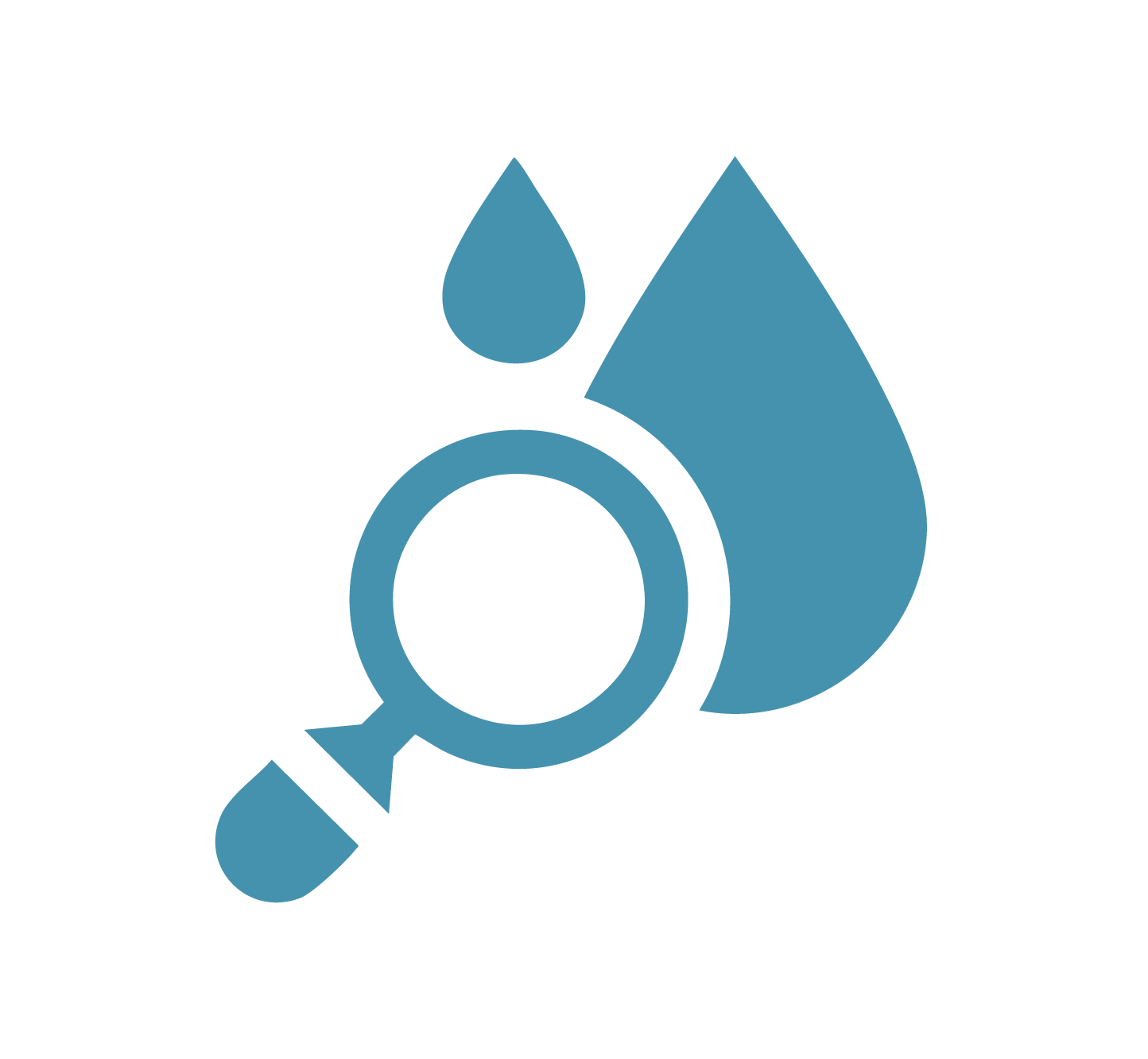 Icons of a drop of water, a magnifying glass, and a question mark, symbolizing water quality inspection.