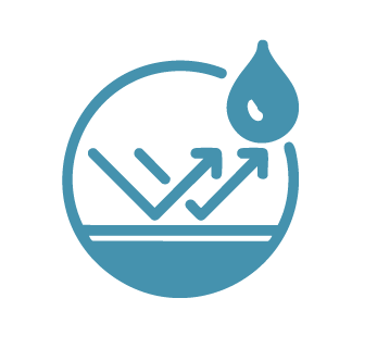 A blue icon of a droplet above a line graph with upward arrows, indicating water improvement or conservation.