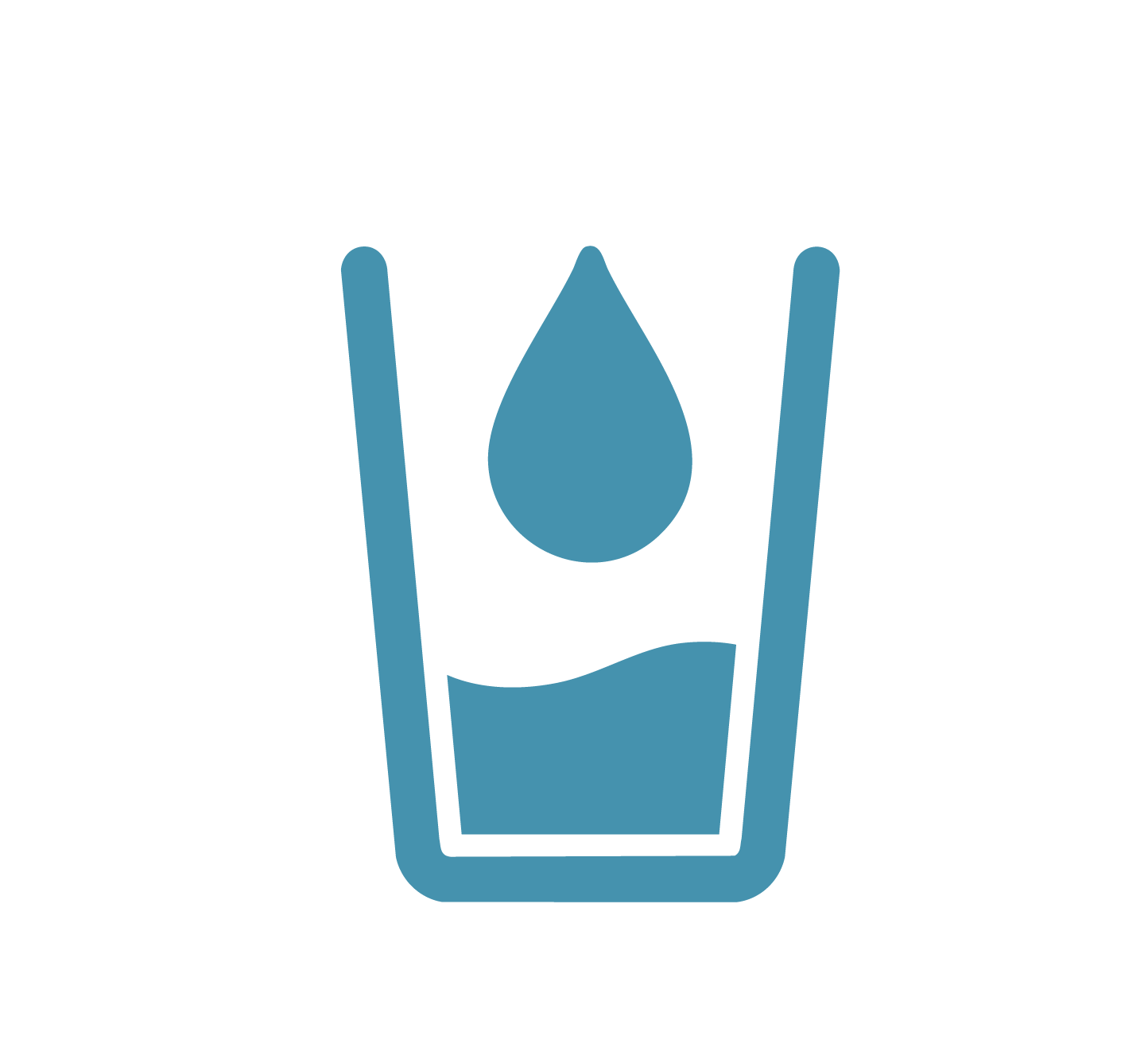 A blue laundry washing symbol with a water droplet and water inside a glass.