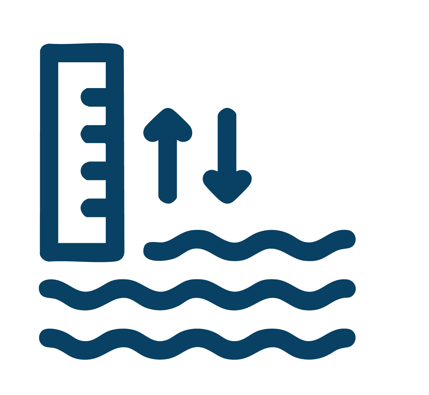 Water level indicator with arrows pointing up and down, water waves below, and a thermometer indicating temperature.