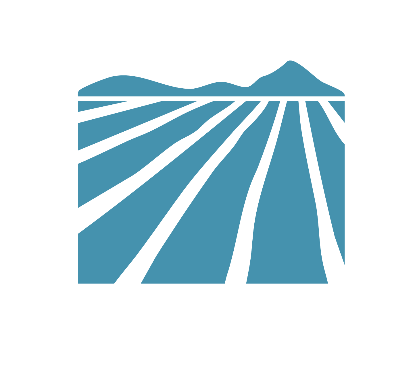 Illustration of a field with rows of crops and mountains in the background.