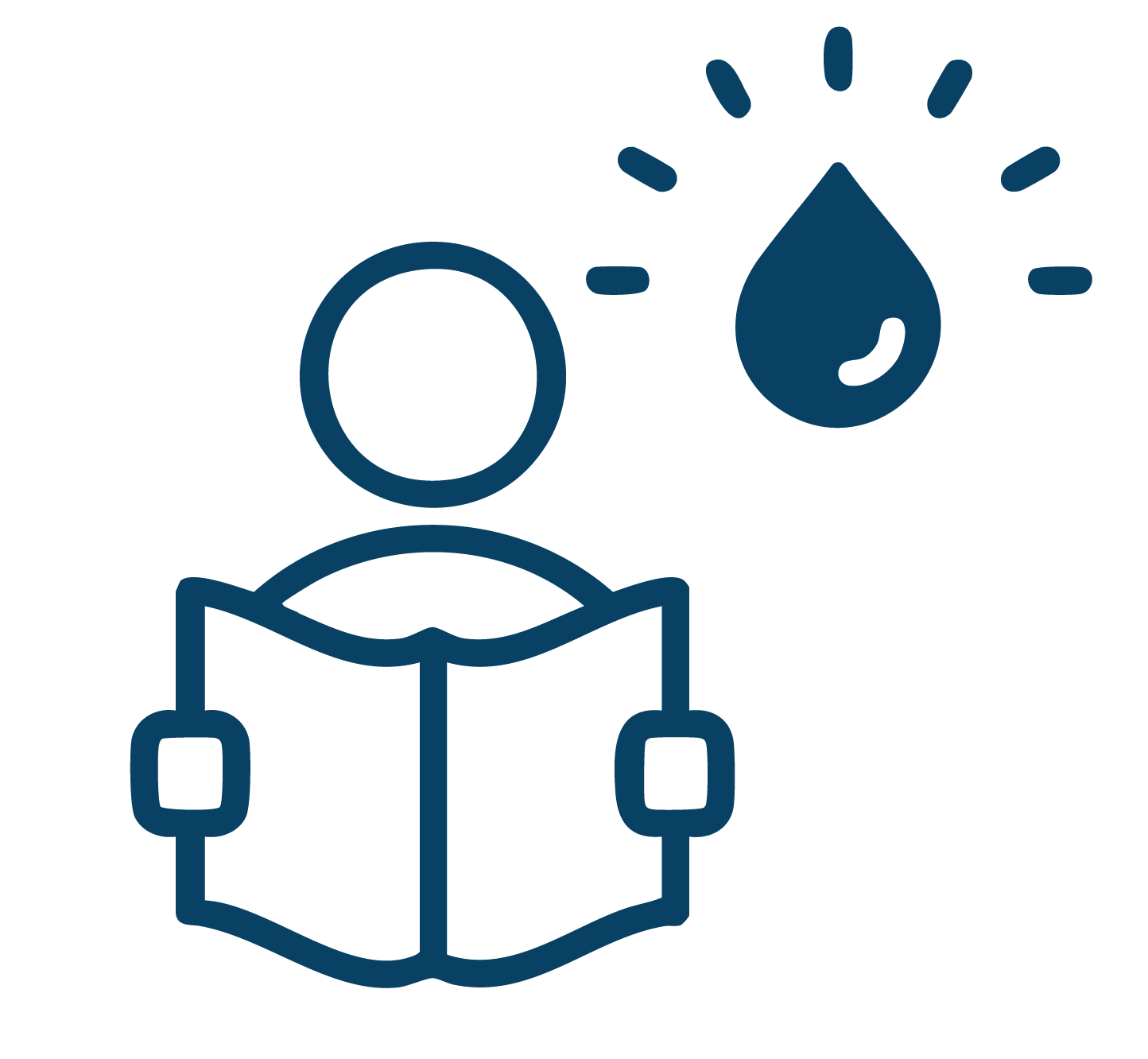 Icon of a person reading a book with a water droplet above their head and lines indicating thought or analysis.