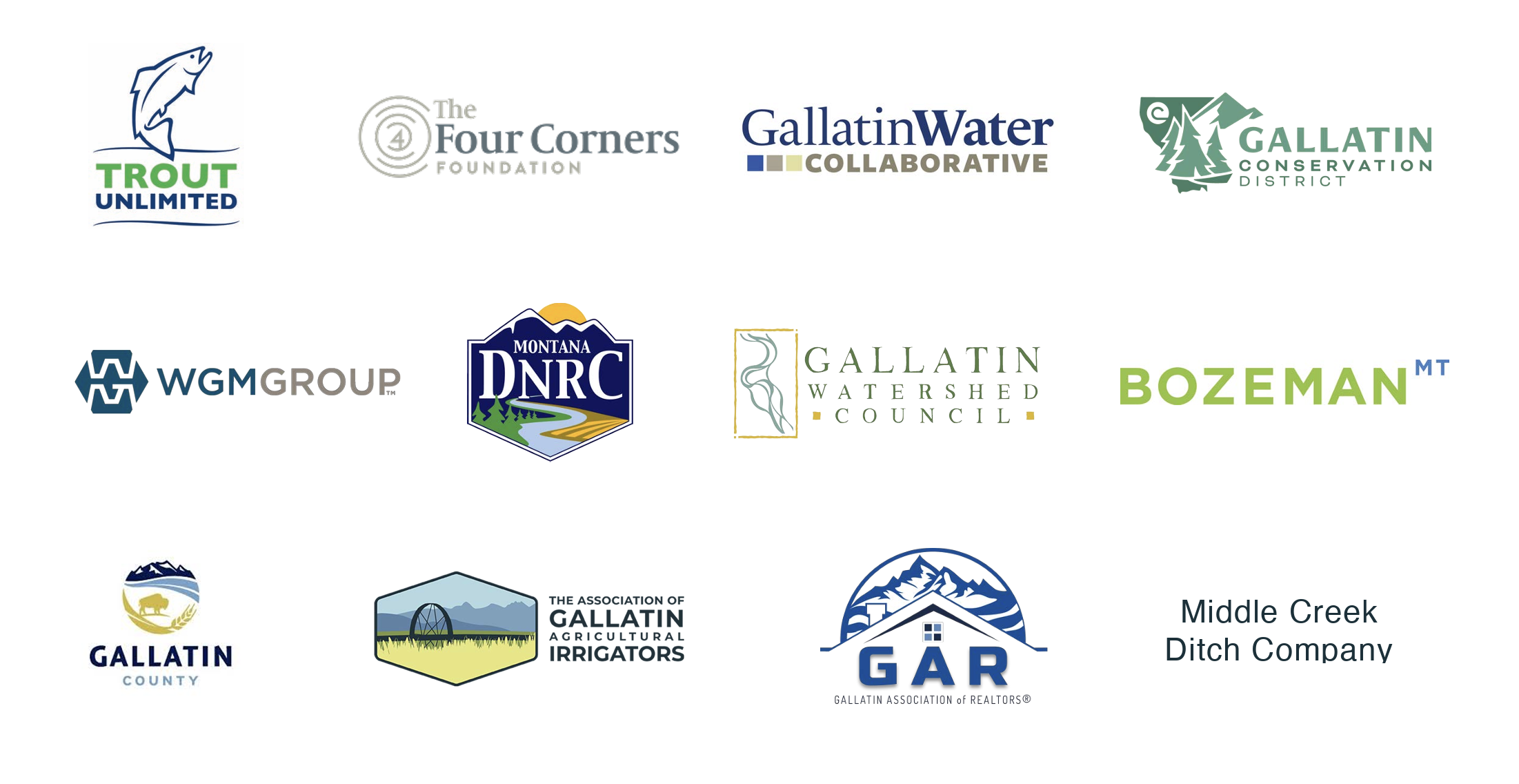 A collection of logos for various organizations, including Trout Unlimited, The Four Corners Foundation, Gallatin Water Collaborative, Gallatin Conservation District, WG Group, Montana DNRC, Gallatin Watershed Council, Bozeman MT, Gallatin County, The Association of Gallatin Agricultural Irrigators, Gallatin G. A. R., and Middle Creek Ditch Company.