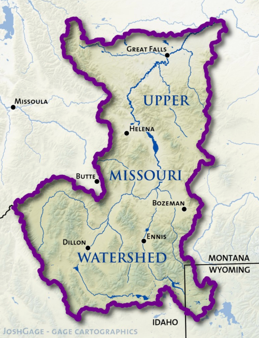 Map of Missouri divided into three regions: Upper, Missouri, and Watershed, with major cities Great Falls, Helena, Bozeman, Ennis, Dillon, Butte, and Missoula marked, along with river systems.