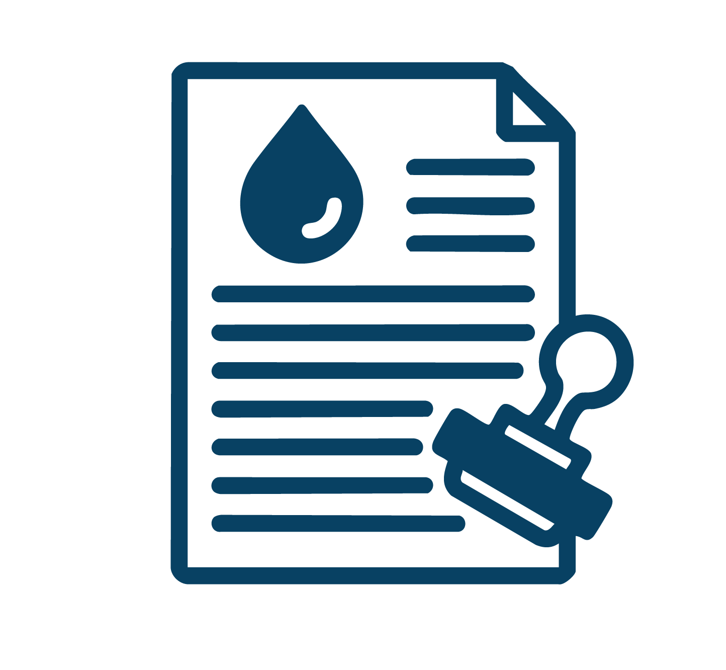 Icon of a document with a water droplet and lines of text, stamped with a cancellation mark.