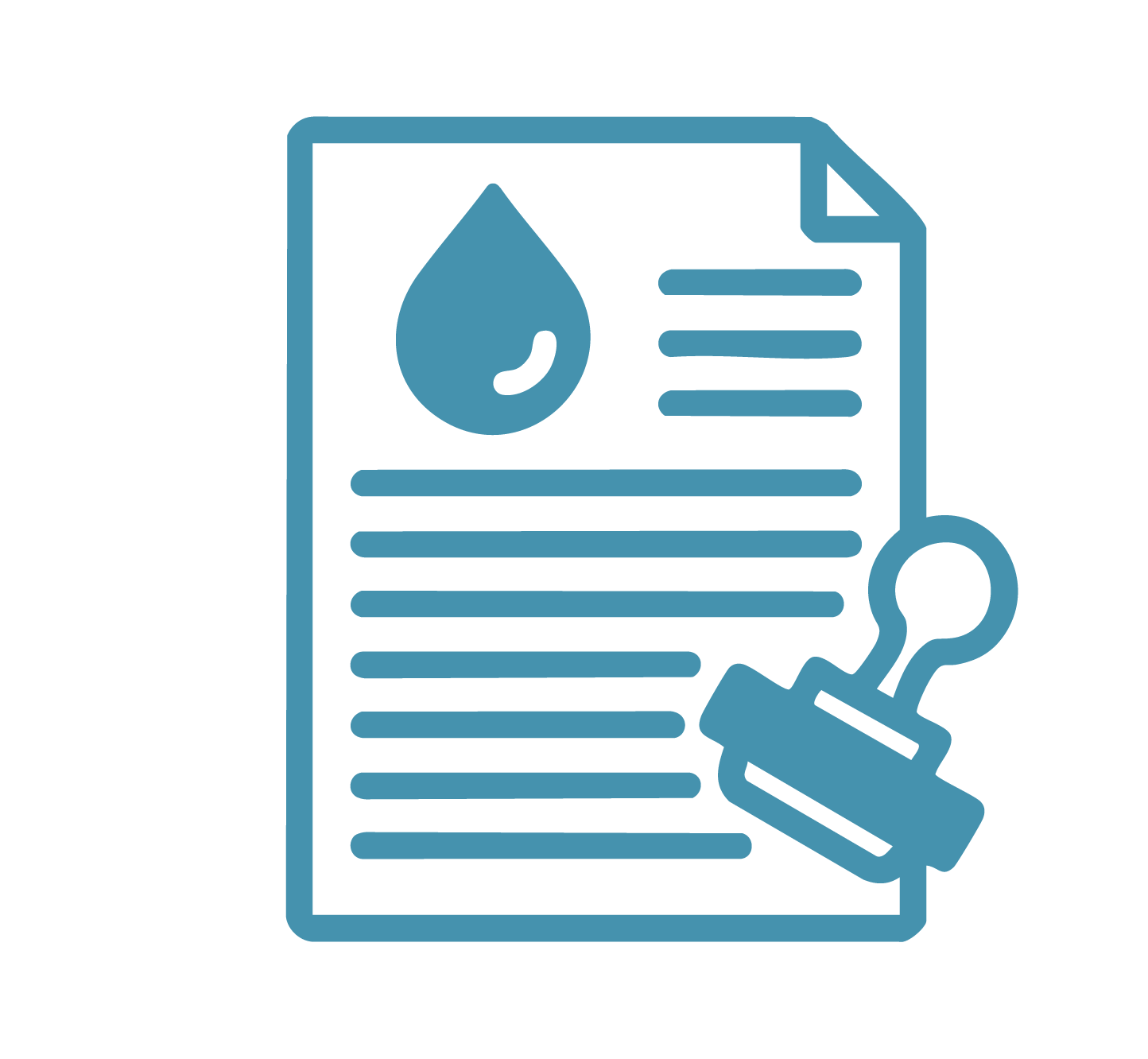 An icon of a document with a water droplet, lines of text, and a rubber stamp.