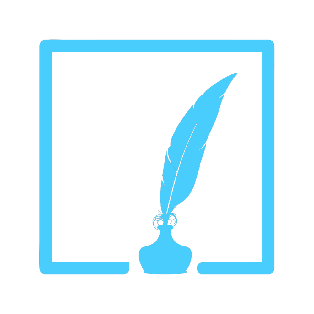 A blue illustration of a feather quill in an ink bottle inside a rounded square frame.
