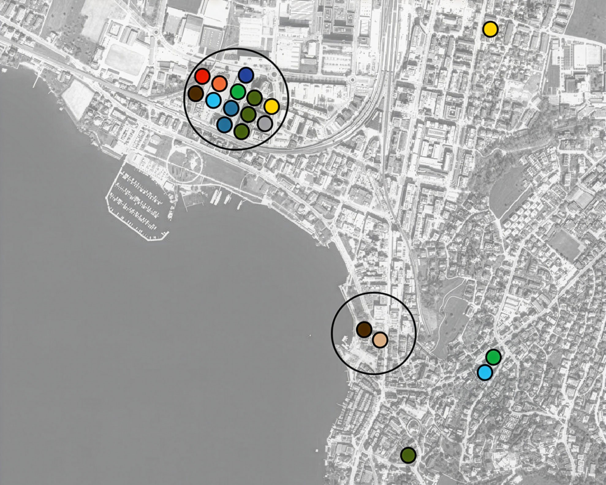 Stadtkarte mit farblich markierten Bürostandorten und räumlichen Clustern als Grundlage der strategischen Büroraumplanung.