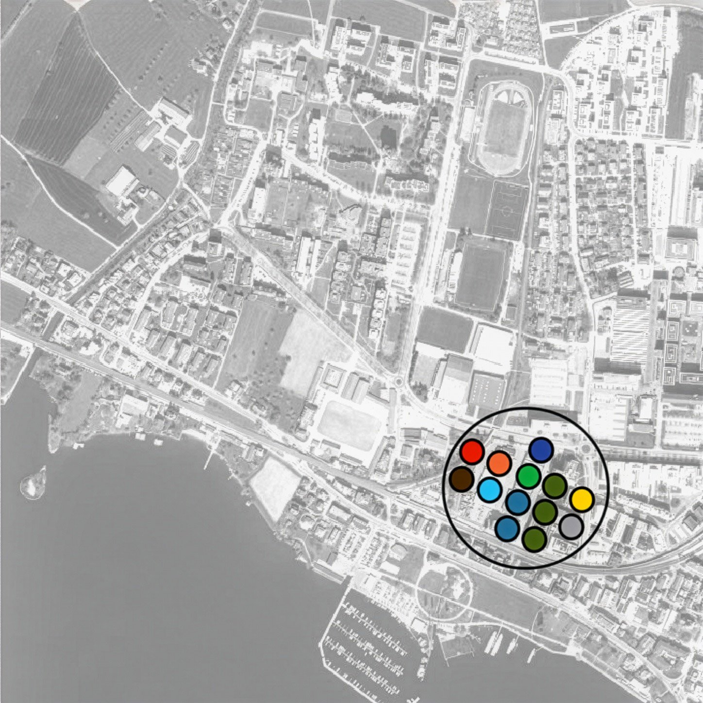Stadtkarte mit verschiedenen markierten Punkten, Kreisen und Farbcodierungen, die bestimmte Bereiche und Treffpunkte anzeigen.