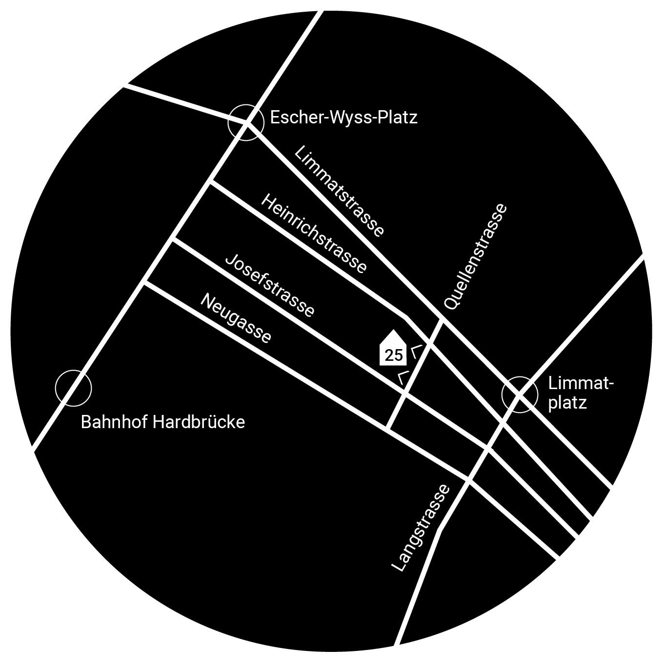 Schwarz-weißer Stadtplan mit Straßen und Bahnhöfen, inklusive Wiesenplätzen. Straßen: Limamatstrasse, Quellenstrasse, Heinrichstrasse, Josefsstrasse, Neugasse, Langstrasse. Bahnhöfe: Bahnhof Hardbrücke, Limmaplatz.
