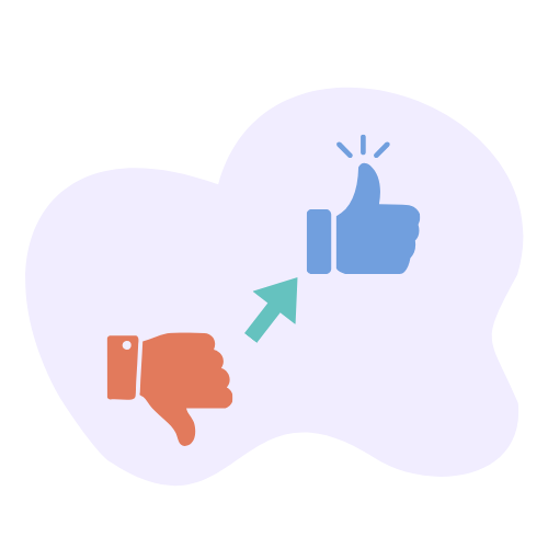 Graphic showing a red thumbs-down icon transforming into a blue thumbs-up icon, symbolizing reframing negative thoughts into positive ones.