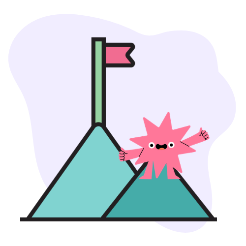 Cartoon pink character celebrating on a mountaintop next to a flag, symbolizing success and overcoming challenges through persistence and growth.