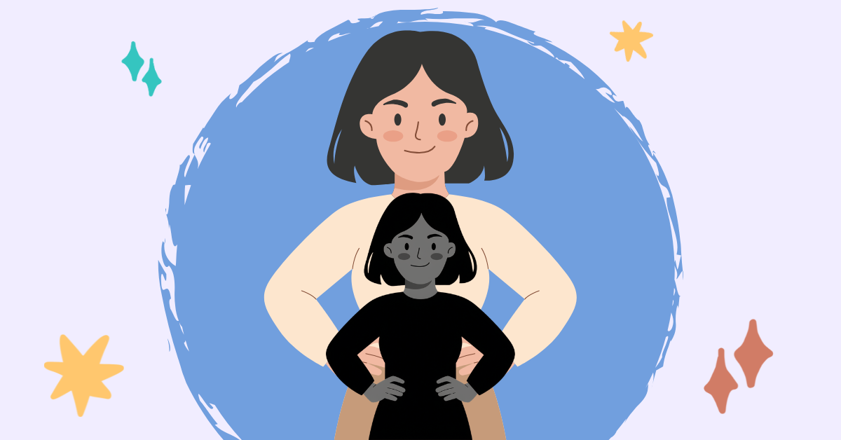 Illustration of a small figure standing confidently in front of a larger version of herself, representing the ADHD journey of growing into your bigger self.