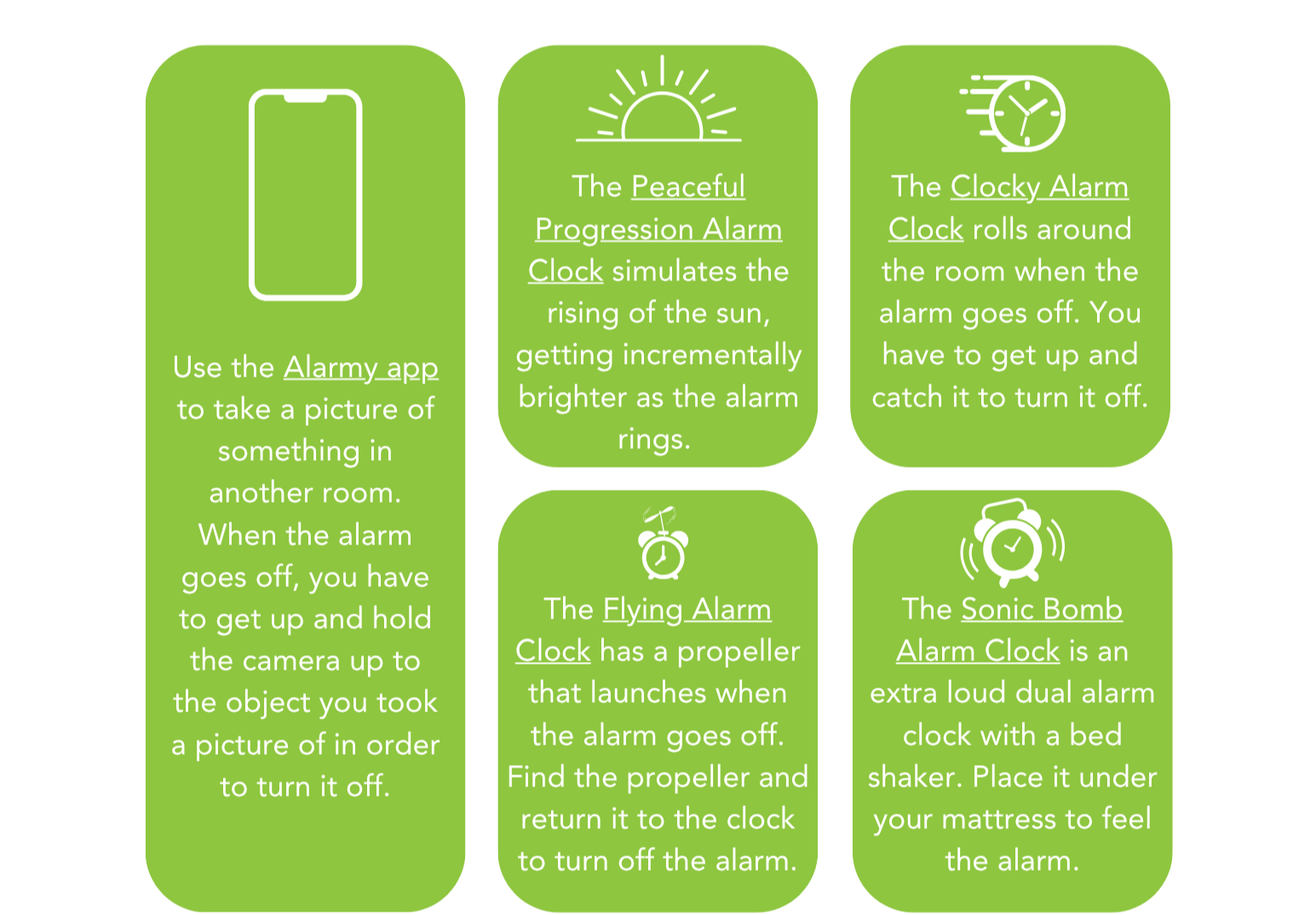 Infographic showing five ADHD-friendly alarm tools to help with waking up on time.