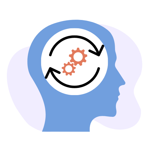 An illustration of a human head with gears and arrows inside, representing the cognitive process of shifting focus and managing transitions.