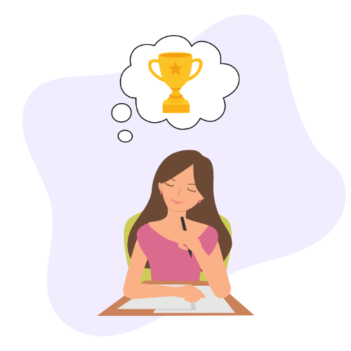 Illustration of a woman writing at a desk with a trophy in her thought bubble, representing visualizing success to overcome imposter syndrome.