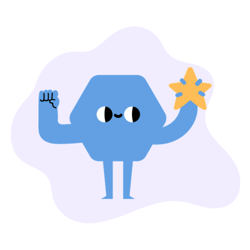 A determined blue cartoon character raising a fist and holding a gold star, representing perseverance, strength, and achievement.