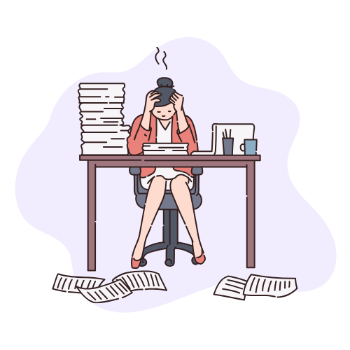 Illustration of a woman holding her head at a messy desk surrounded by stacks of papers.