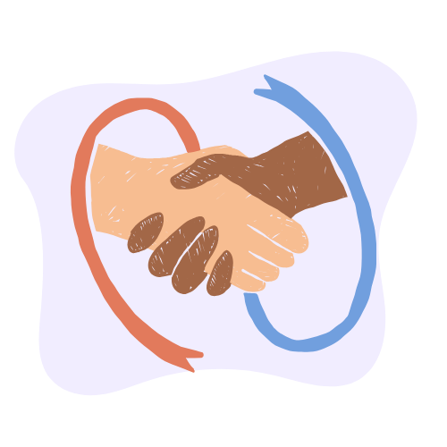 Illustration of two hands shaking, representing partnership and support in reaching goals.