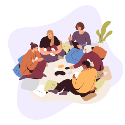 Illustration of a diverse group of people sitting together in a circle, representing a grief support group.