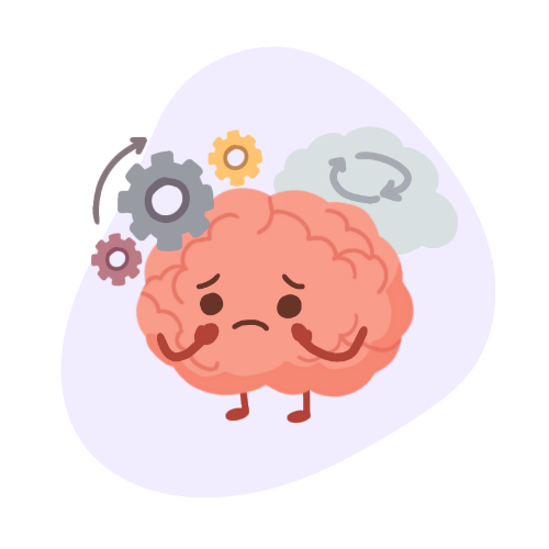 A sad cartoon brain surrounded by gears and arrows, representing executive function challenges and the difficulty of starting tasks with ADHD.