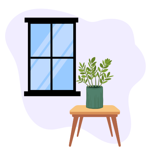 Illustration of a potted plant on a small wooden table by a window, representing peaceful self-reflection and nurturing in a serene environment.