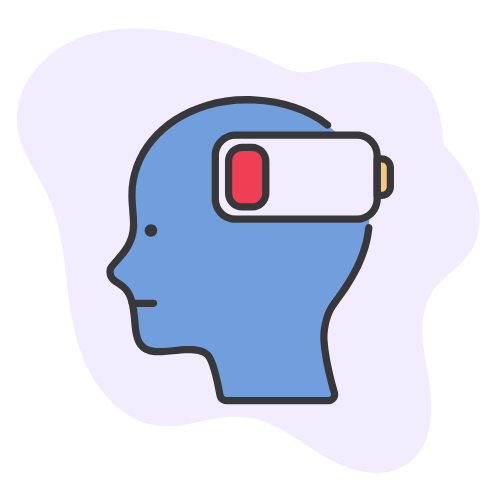 Illustration of a head in profile with a nearly depleted battery, representing mental exhaustion.