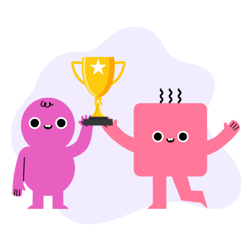 Two simple shape characters holding up a trophy, indicating how teamwork can help them achieve their goals.