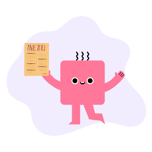 A cheerful pink cartoon character holding a menu, symbolizing the concept of an ADHD-friendly dopamine menu for quick rewards and motivation.