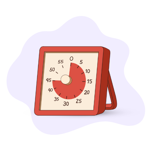 An illustrated red timer set to 15 minutes on a white and purple background, representing short time frames and brevity to boost productivity for people with ADHD.