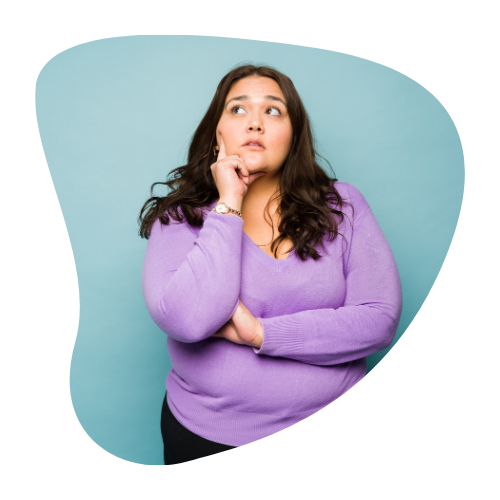 A woman in a lavender sweater looking thoughtful and slightly concerned, with her hand resting on her chin, against a teal background.