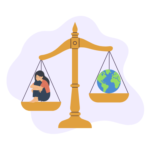 Illustration of a scale with a person curled up on one side and the world on the other, representing the weight of imposter syndrome.