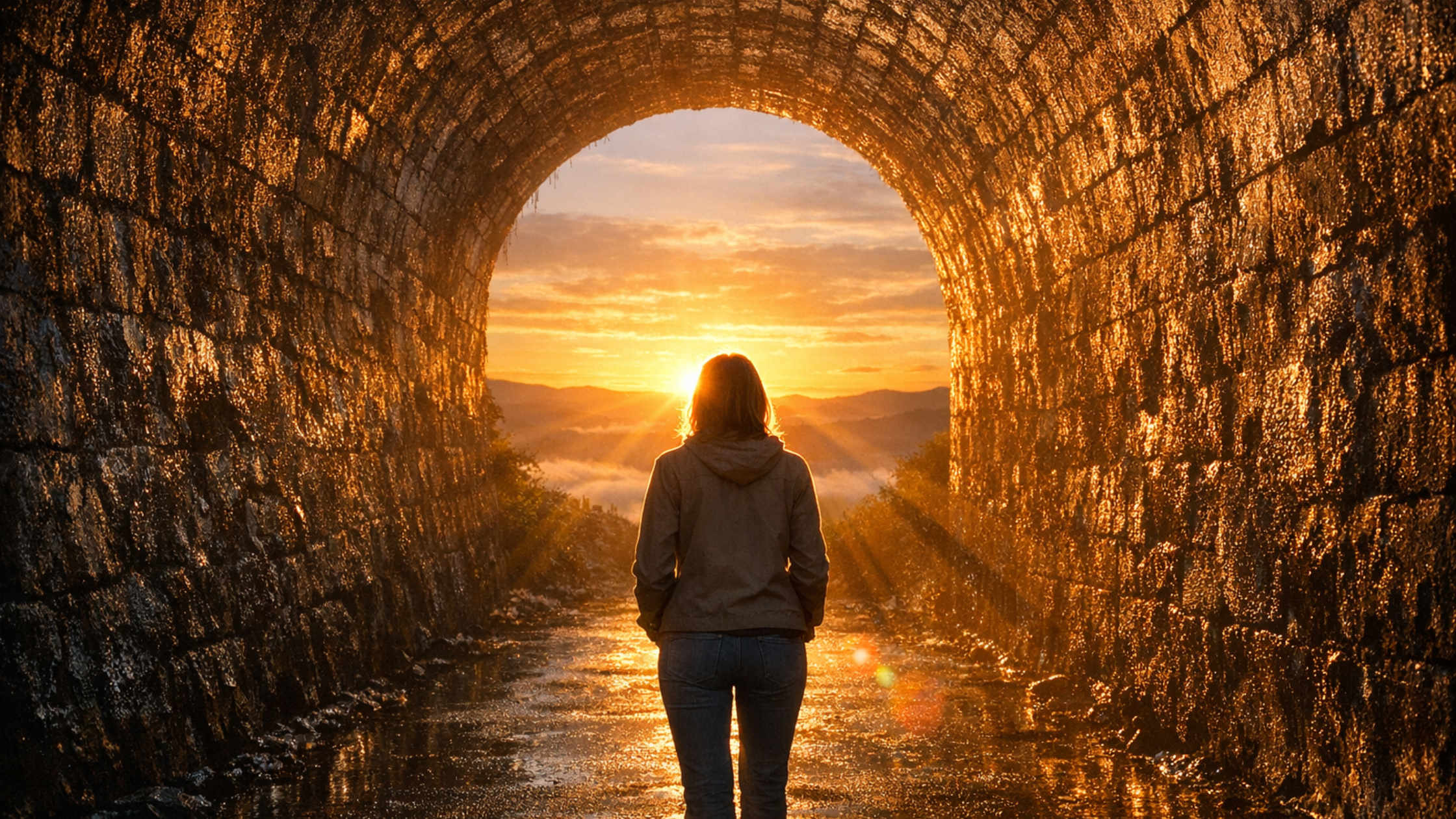 A person standing inside a stone tunnel, gazing out toward a golden sunset over misty mountains — symbolizing hope and light at the end of a difficult journey.