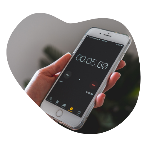 Hand holding a phone showing a stopwatch counting up, representing auditory time tracking.