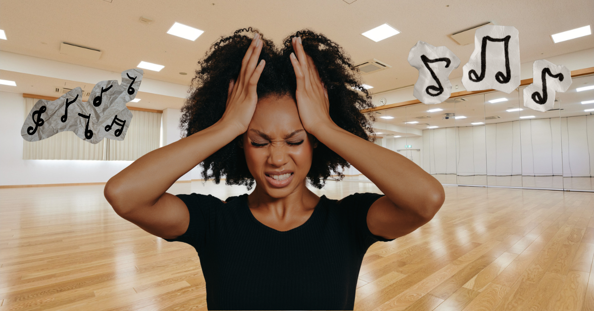 A woman grips her head in frustration in a dance studio, surrounded by floating music notes, representing ADHD and misfit strategies.