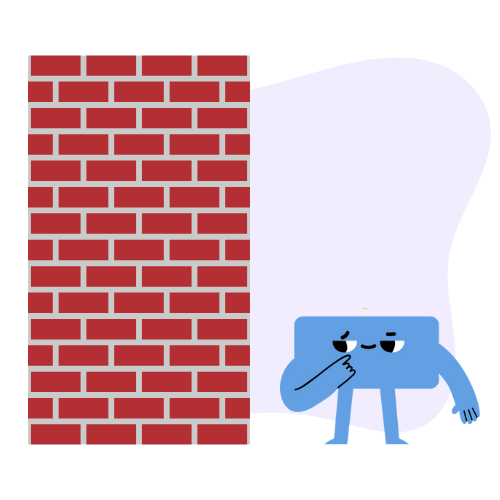 A blue character in the shape of a rectangle stares quizzically at a brick wall.