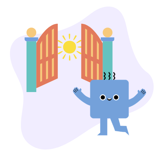 Illustration of a cheerful character walking through open gates toward a bright sun, representing embracing an ADHD diagnosis.
