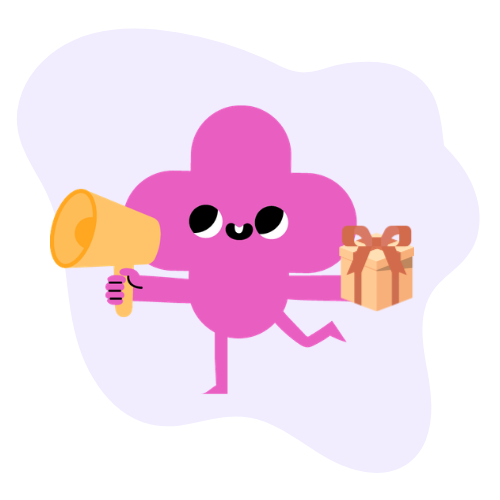 Cute cartoon pink character cheerfully running while holding a megaphone in one hand and a wrapped gift box in the other, on a lavender background.