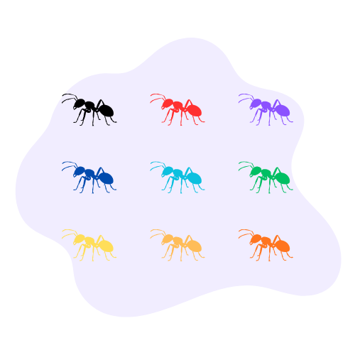 Illustration of nine ants in various colors, symbolizing the different types of automatic negative thoughts (ANTS) people experience.
