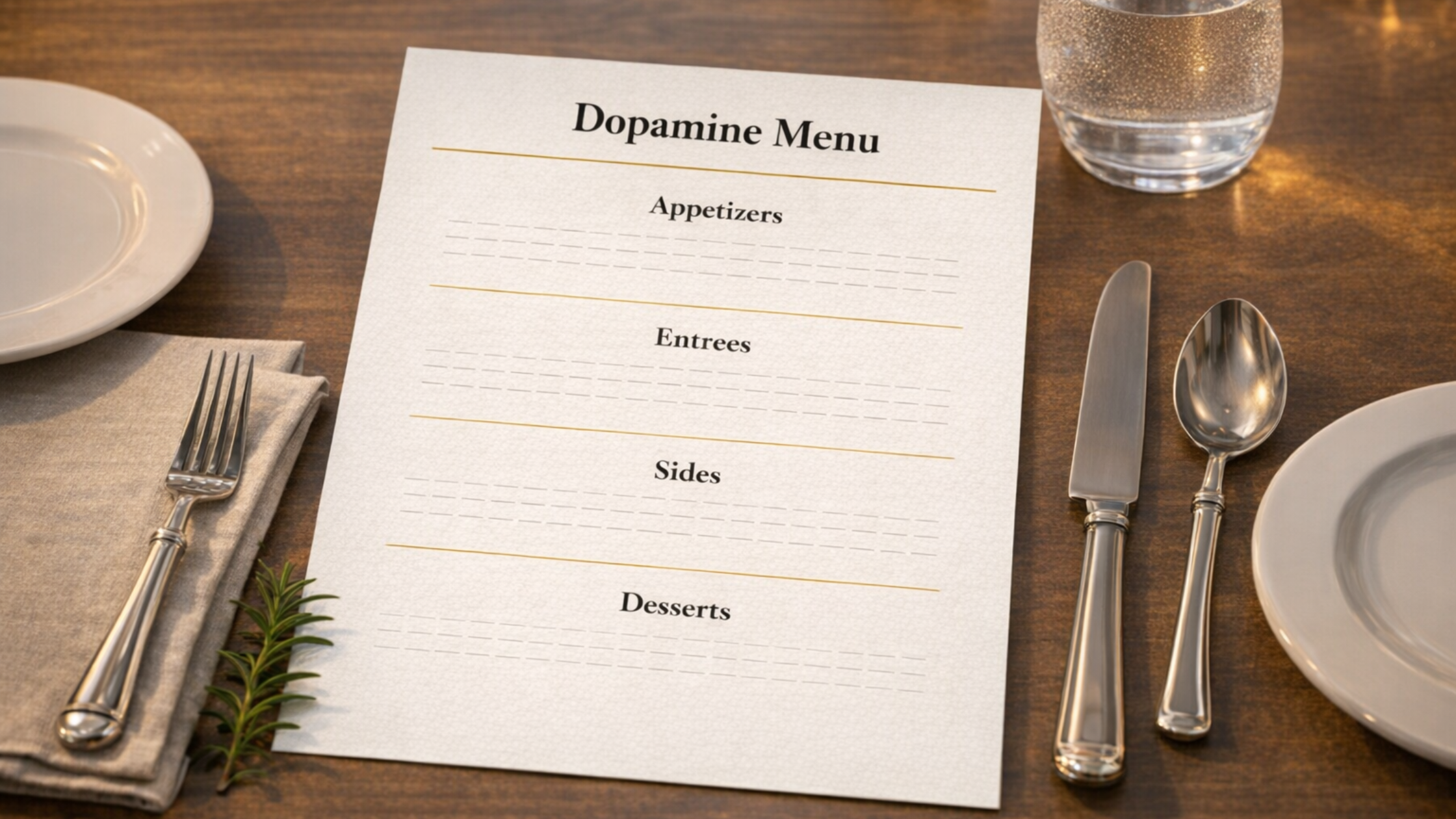 A creatively styled dopamine menu placed on a dining table with silverware, a plate, and a glass of water, symbolizing the concept of breaking tasks into enjoyable, brain-stimulating activities.