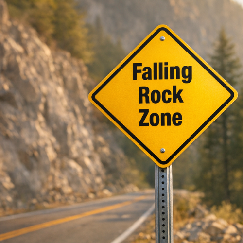 A yellow road sign reads "Falling Rock Zone."