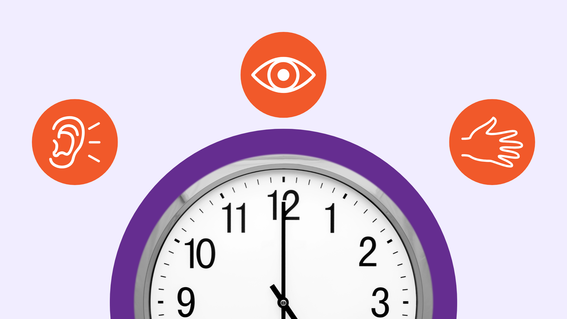 Analog clock with icons for sight, sound, and touch, representing learning styles.