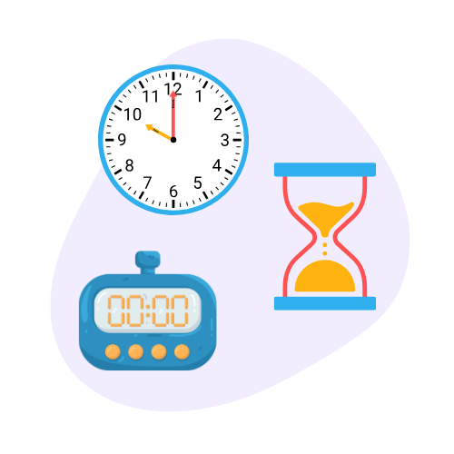 Visual learning icons: an analog clock, digital timer, and hourglass on a purple background.