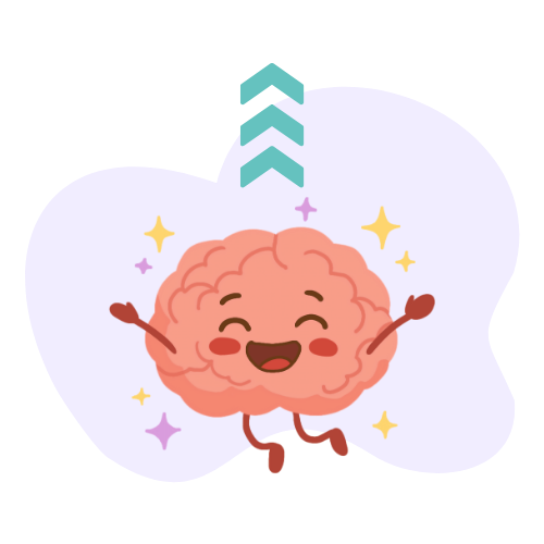 A happy cartoon brain surrounded by sparkles and upward arrows, representing the dopamine boost from engaging in rewarding activities.