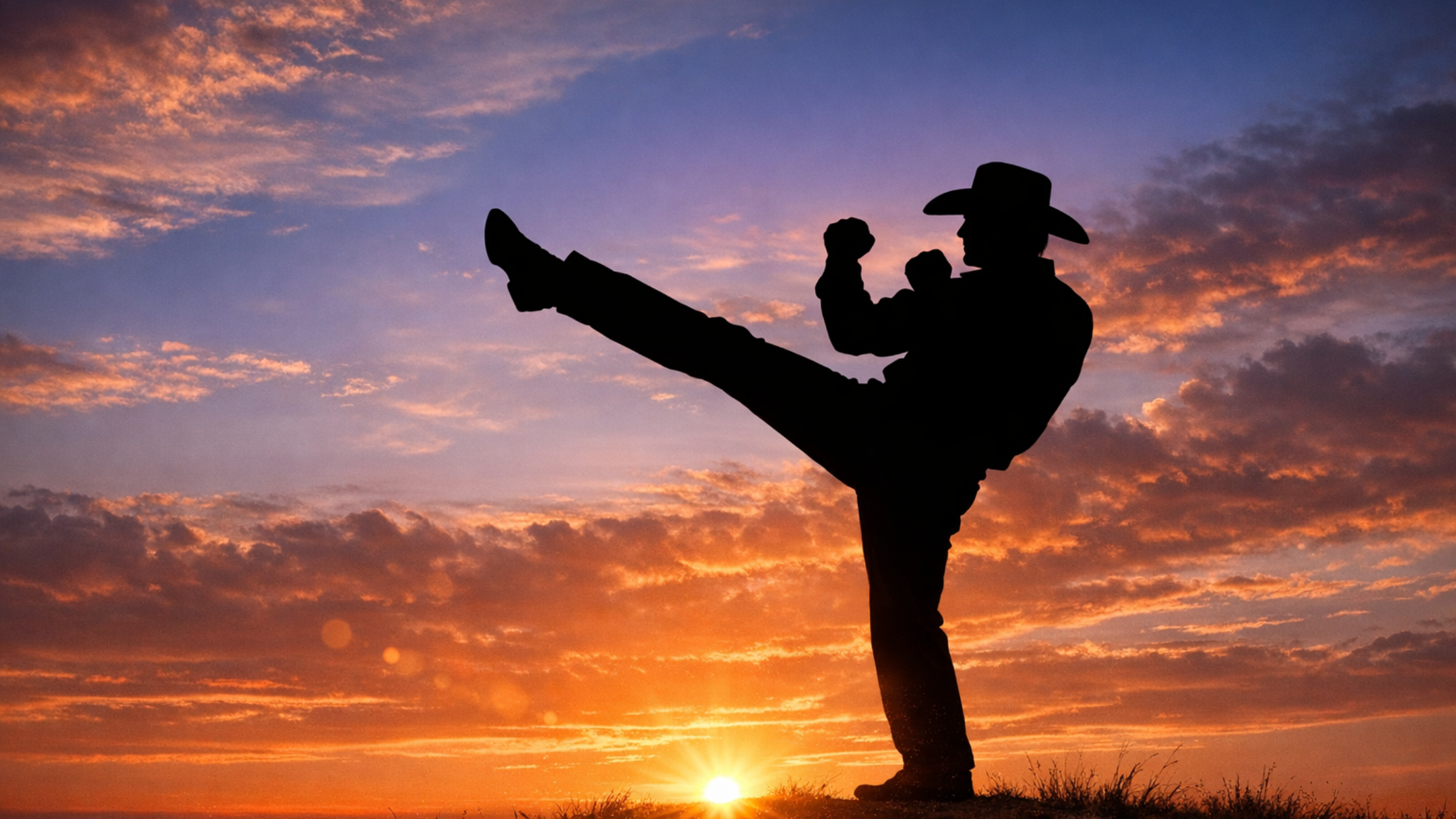 Silhouette of a man in a cowboy hat performing a high kick at sunrise, honoring the legacy of Chuck Norris and how his wisdom can benefit people living with ADHD.