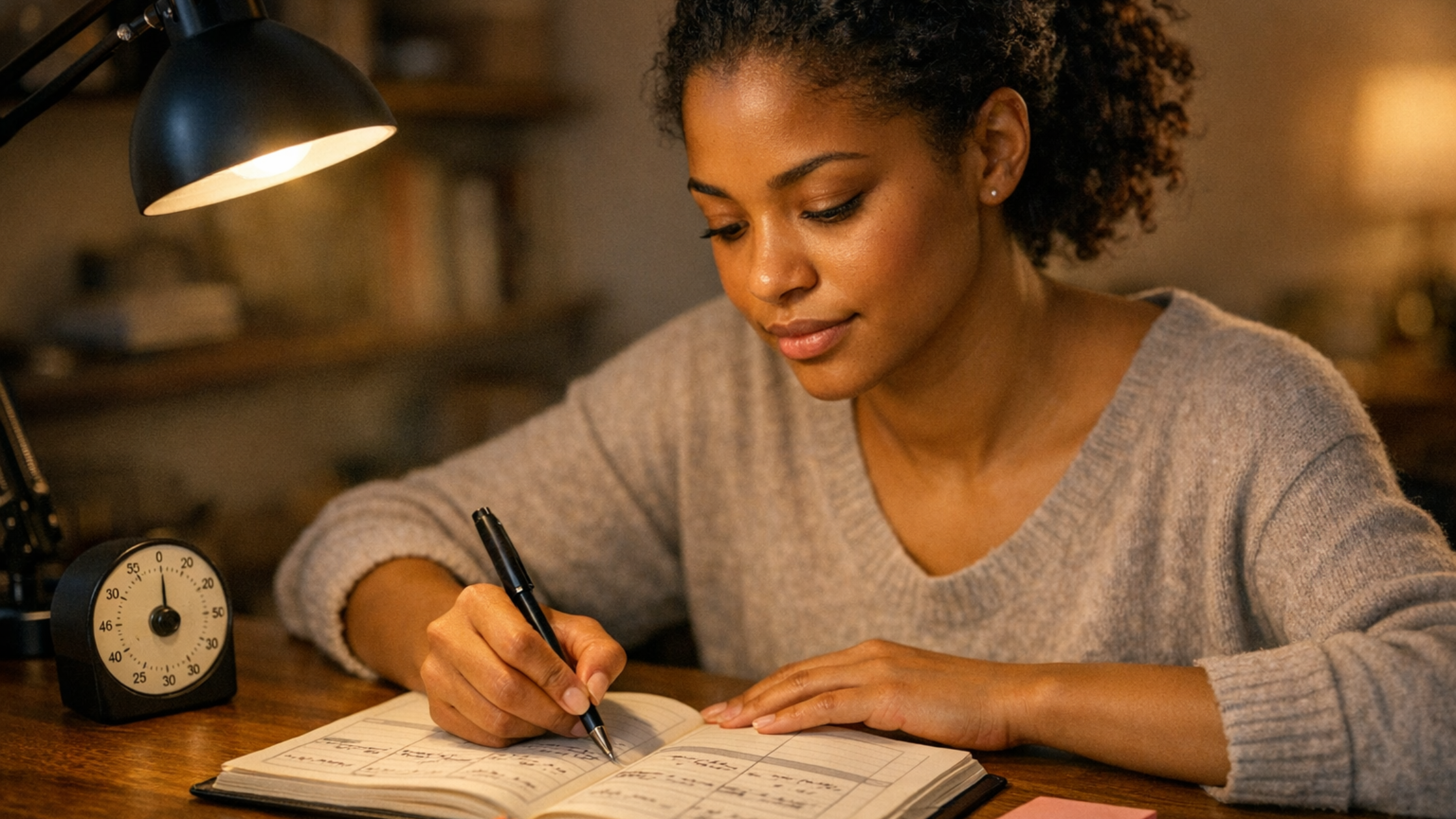 A woman sitting at a desk under a warm desk lamp, writing in a planner with a timer nearby, symbolizing the use of structure and time management to stay organized and focused.