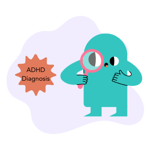 Cartoon illustration of a teal character peering through a magnifying glass at a badge that reads 'ADHD Diagnosis,' representing the search for answers that often follows years of masking symptoms.