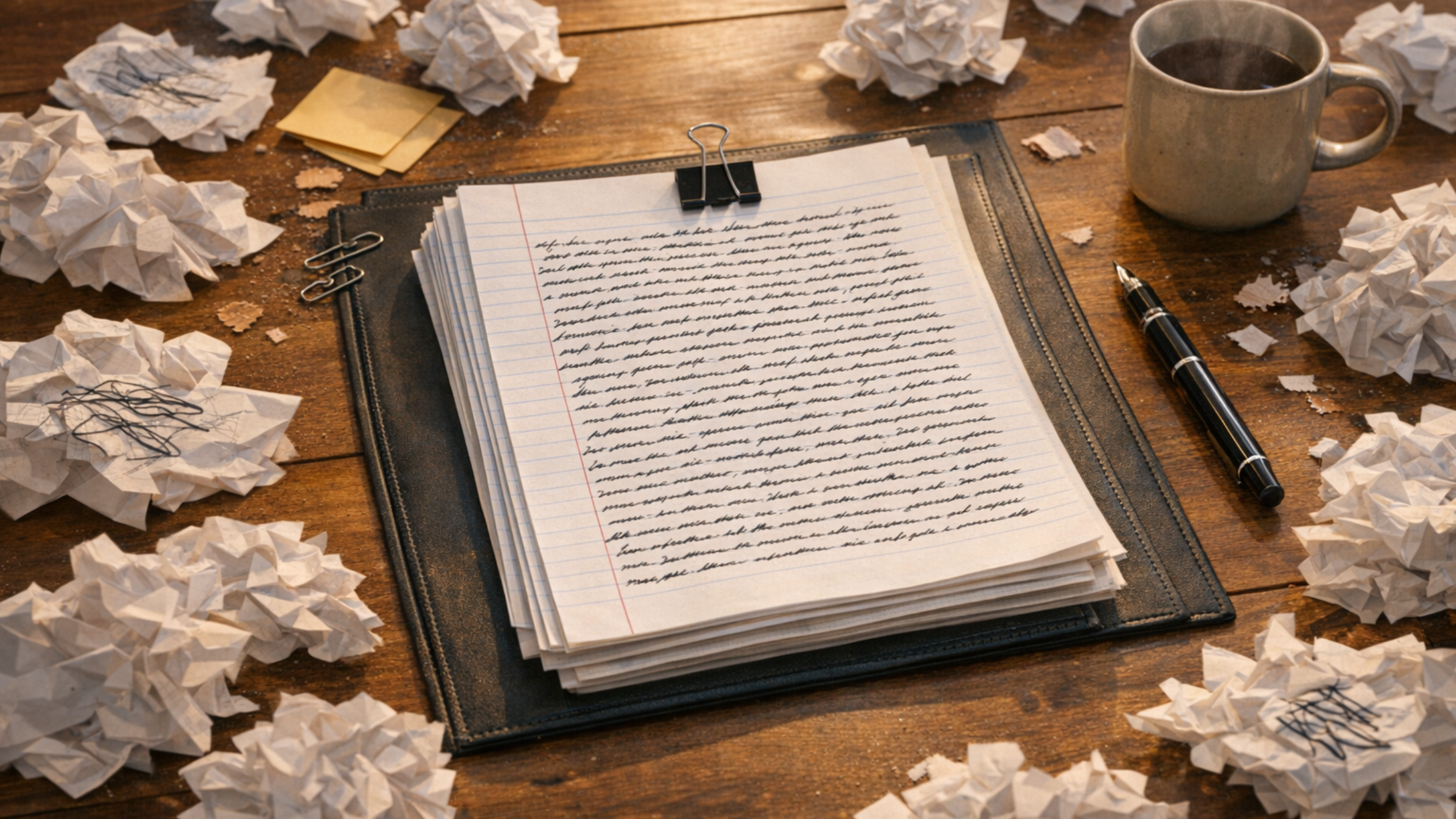 Handwritten final draft on lined paper clipped on a desk, surrounded by crumpled pages, pen, and steaming mug—progress through trial and error.
