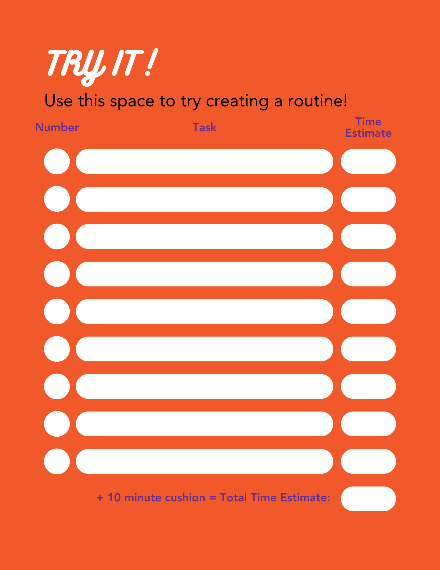 A bright orange template titled 'Try It!' with blank spaces to list tasks, their numbers, and time estimates, helping readers create their custom routine plan.